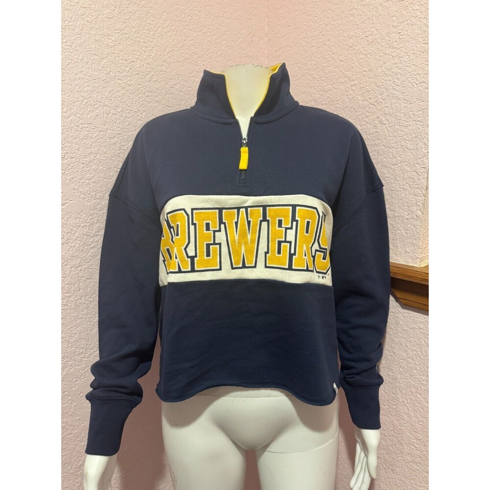 Women's '47 Navy Milwaukee Brewers Remi Quarter-Zip Cropped Top Size S